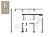Floor plan: 2-bedroom 1-bathroom unit; features: open-plan kitchen-dining-living, master bedroom with ensuite bathroom, bedroom 2 with shared bathroom, balcony off living room, utility room, central foyer.