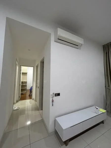 Room features: white painted walls, glossy tile flooring, 1 wall-mounted split AC, recessed lighting, grey curtains, white console table, doorway leading to hallway, doorway leading to closet; style: modern.