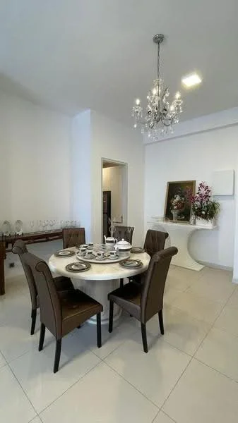 Dining features: round dining table, marble-top dining table, 6 upholstered dining chairs in brown, chandelier with multiple bulbs, white painted walls, tile flooring, decorative artwork on wall, sideboard with glassware; style: modern.