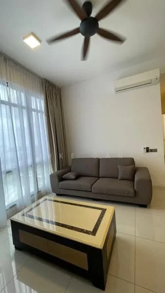 Living features: 3-seater fabric sofa in grey, coffee table with marble top and wooden base, floor-to-ceiling windows with sheer curtains, wall-mounted split AC, recessed LED downlights, 5-blade ceiling fan, glossy tile flooring, neutral painted walls; style: modern.