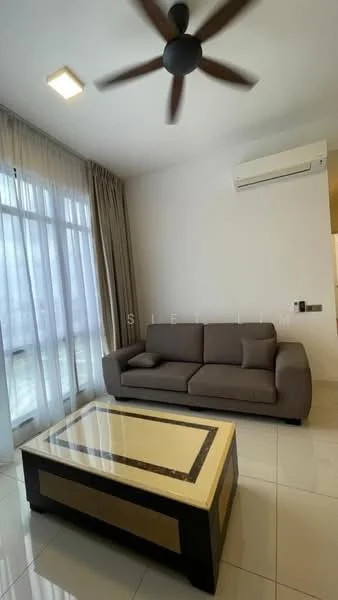Living features: 3-seater fabric sofa in grey, coffee table with marble top, floor-to-ceiling windows, sheer curtains, wall-mounted split AC, recessed downlights, light-coloured tiled flooring, neutral painted walls, ceiling fan with 5 blades; style: modern.