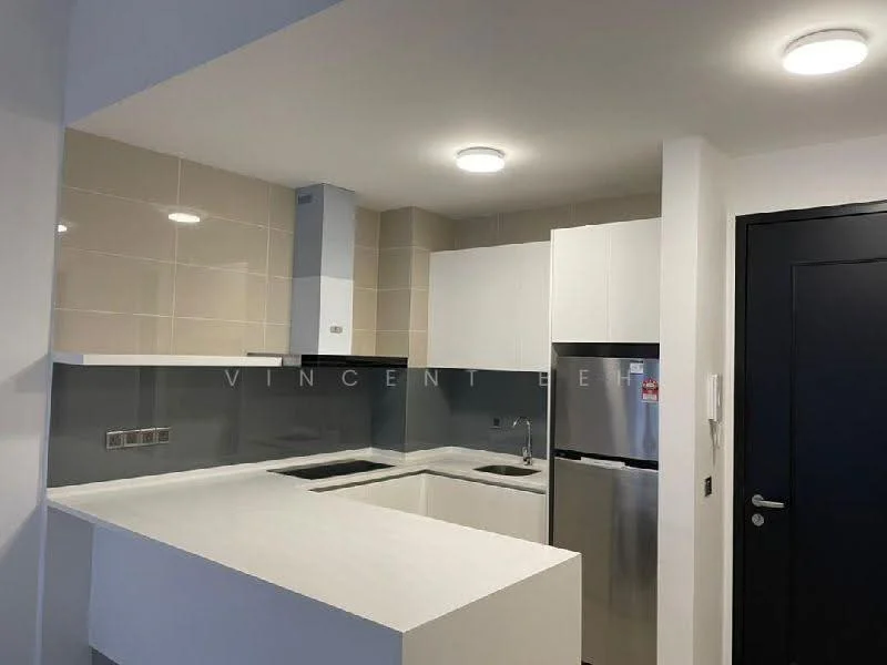 Kitchen features: white quartz countertop, white cabinetry, stainless-steel fridge, built-in oven, 4-burner electric hob, grey tiled backsplash, single-bowl stainless-steel sink, chrome pull-down faucet, recessed LED downlights, wall-mounted range hood; style: modern.