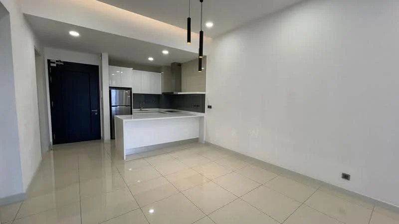 Kitchen features: white cabinetry, grey backsplash, stainless-steel fridge, built-in oven, 4-burner gas hob, white countertop, pendant lighting, tile flooring, recessed ceiling lights; style: modern. Living features: white painted walls, tile flooring, recessed ceiling lights; style: modern.