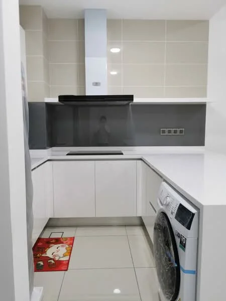 Kitchen features: white cabinetry, white countertop, grey backsplash, built-in oven, stainless-steel range hood, 4-burner gas hob, single-bowl stainless-steel sink, washing machine, tile flooring, recessed downlights; style: modern.