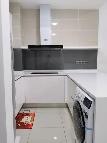 Kitchen features: white cabinetry, white countertop, grey backsplash, built-in oven, stainless-steel range hood, 4-burner gas hob, single-bowl stainless-steel sink, washing machine, ceramic tile flooring, recessed downlights; style: modern.