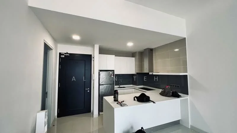 Kitchen features: white cabinetry, grey tiled backsplash, stainless-steel fridge, built-in oven, ceramic cooktop, white countertop, single-bowl stainless-steel sink, chrome pull-down faucet, recessed downlights, tile flooring, open layout; style: modern.