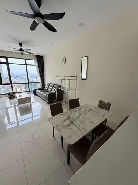 Living features: 3-seater fabric sofa in grey, marble dining table, 4 upholstered dining chairs, floor-to-ceiling windows, city view, white painted walls, polished ceramic tile flooring, 2 ceiling fans with integrated lights, decorative wall clock, mirror on wall, open layout; style: modern; view: city.
