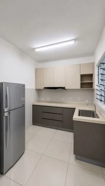 Kitchen features: stainless-steel fridge, built-in oven, grey cabinetry, cream countertop, single-bowl stainless-steel sink, chrome pull-down faucet, tile backsplash, white painted walls, recessed LED downlights, floor-to-ceiling windows, ceramic tile flooring; style: modern.