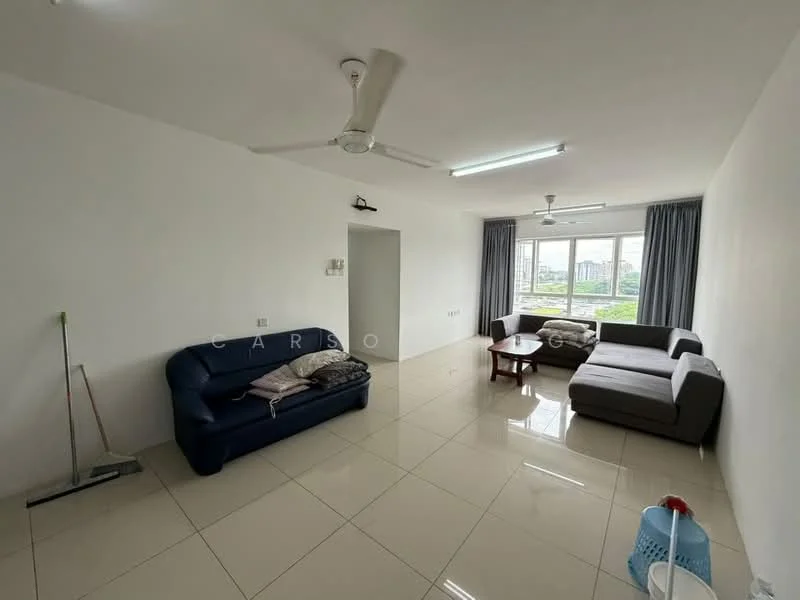Living features: white painted walls, glossy ceramic tile flooring, 5-blade ceiling fan with light, large windows with sheer curtains, sofa in dark blue fabric, sectional sofa in grey fabric, coffee table, cleaning mop, plastic laundry basket; style: modern; view: garden.