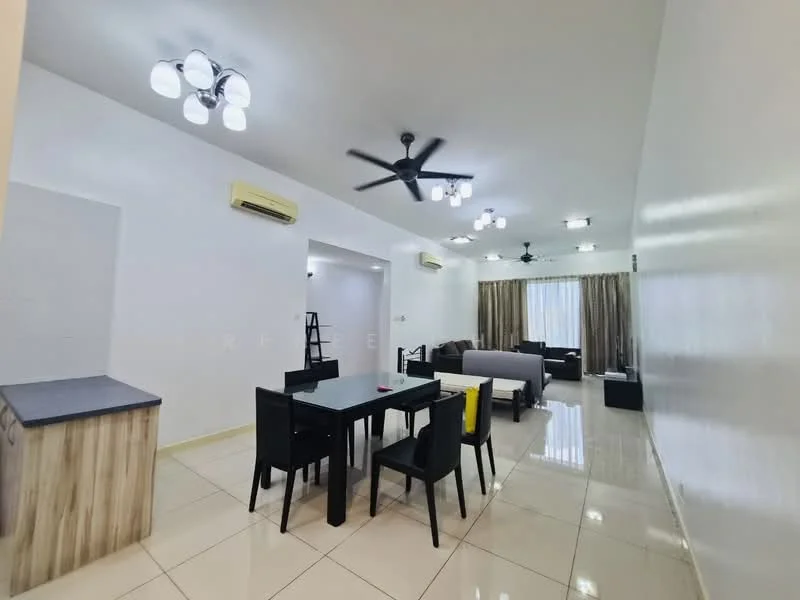 Living features: white painted walls, glossy tile flooring, 5-blade ceiling fan with light, recessed downlights, sofa in grey, 2-seater sofa, coffee table, TV console, dining table with 4 black chairs, floor-to-ceiling windows with sheer curtains, curtains in beige, air conditioning unit; style: modern.