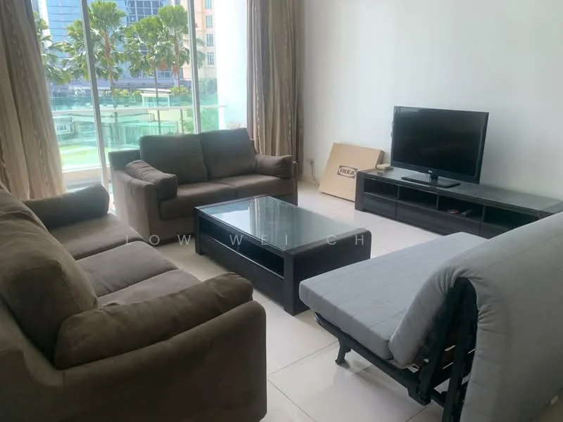 Living features: 3-seater fabric sofa in grey, 2-seater fabric sofa in grey, single armchair in grey, glass coffee table, TV console, wall-mounted TV, floor-to-ceiling windows, curtains, white painted walls, tile flooring; style: modern; view: garden.