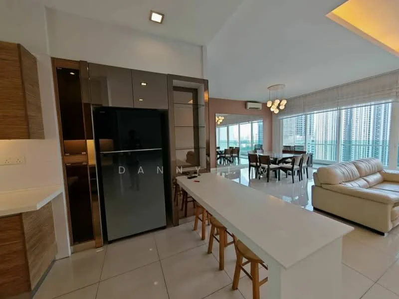 Kitchen features: white quartz countertop, stainless-steel sink, chrome pull-down faucet, built-in refrigerator, flat-panel cabinetry in wood finish, open shelving, pendant lighting, ceramic tile flooring, recessed downlights; style: modern; view: city. Living features: 3-seater leather sofa in cream, coffee table, dining table for 6, floor-to-ceiling windows, curtains, area rug, wall-mounted TV, air conditioning unit; style: modern; view: city.