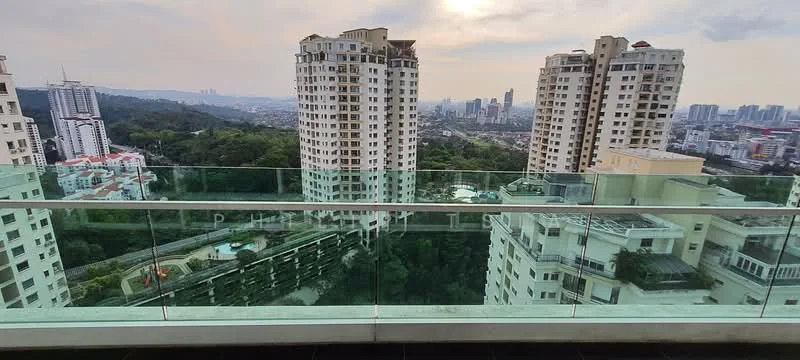 Exterior type: high-rise condominium; features: glass railing balcony, city skyline view, surrounded by greenery, multiple high-rise buildings in view, swimming pool visible below, modern architectural design; style: contemporary.