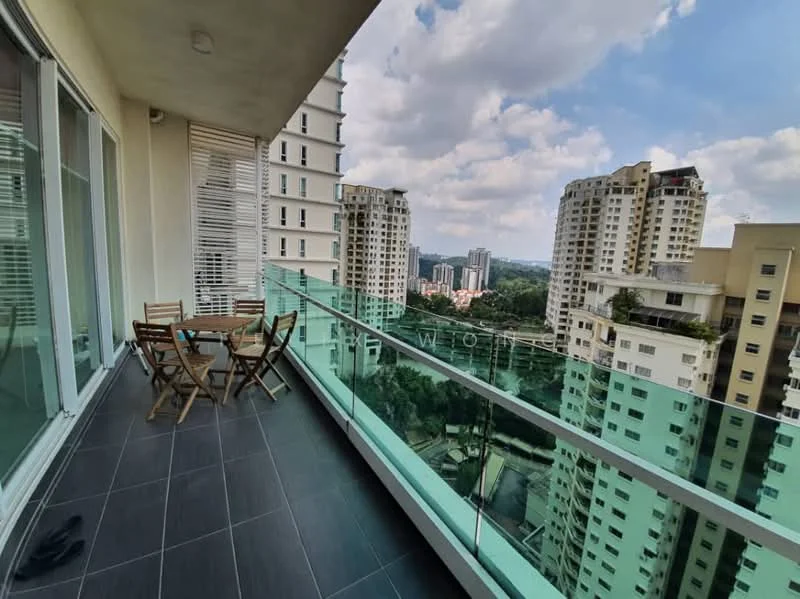 Balcony features: glass railing, outdoor dining table, wooden chairs, grey tiled flooring, city skyline view, partially covered, sliding glass doors, sunlight exposure; style: modern; view: city.