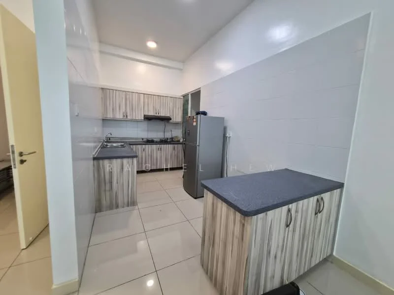 Kitchen features: laminate cabinetry with wood finish, grey countertop, stainless-steel fridge, built-in gas stove, single-bowl stainless-steel sink, chrome pull-down faucet, white tiled walls, ceramic tile flooring, overhead cabinets, open layout, window for natural light, recessed downlights; style: modern.