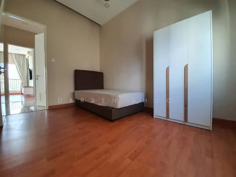 Bedroom features: wooden flooring, light brown painted walls, single bed frame without mattress, white wardrobe with wooden handles, window with sheer curtains, ceiling light fixture, door leading to balcony, neutral decor; style: modern.