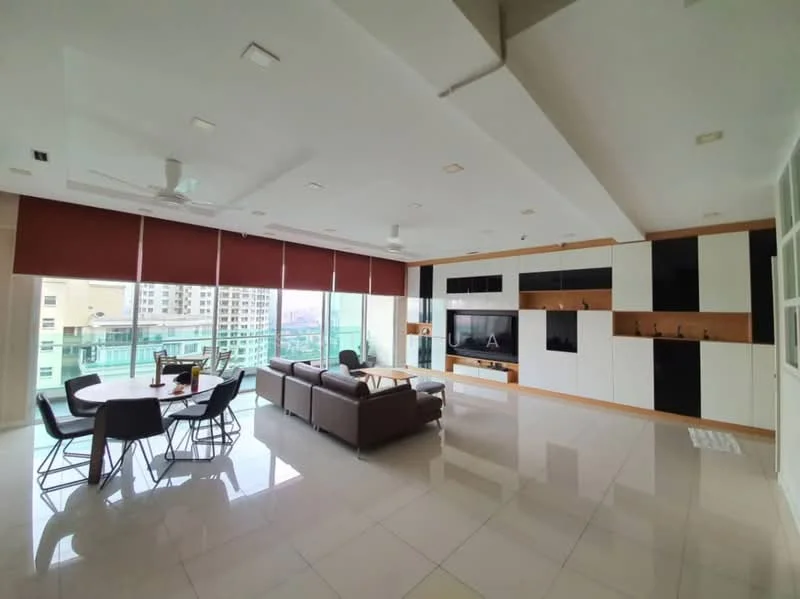 Living features: large floor-to-ceiling windows, grey leather sofa, 4-seater dining table, black dining chairs, white tiled flooring, recessed ceiling lights, ceiling fan, TV console with wall-mounted TV, wood panel accent wall, built-in cabinetry, open layout, city view; style: modern; view: city.