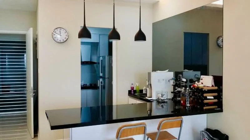 Kitchen features: black granite countertop, white cabinetry, stainless-steel fridge, built-in oven, freestanding range oven, black pendant lights, wine rack, bar stools, wall clock, grey tiled flooring, open shelving, kitchen sink; style: modern.