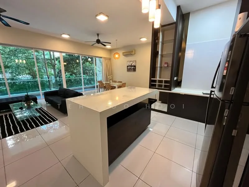 Kitchen features: white quartz countertop, dark wood cabinetry, stainless-steel fridge, built-in oven, 4-burner gas hob, single-bowl stainless-steel sink, chrome pull-down faucet, pendant lighting, recessed downlights, white tiled backsplash, open shelving, floor-to-ceiling windows, sliding glass door, ceramic tile flooring; style: modern; view: garden. Living features: 3-seater fabric sofa in black, coffee table, area rug with geometric pattern, dining table with chairs, ceiling fan, wall-mounted TV; style: modern; view: garden.