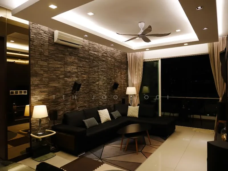 Living features: black L-shape sectional sofa, round coffee table, stone accent wall, recessed ceiling lights, 5-blade ceiling fan with light, floor-to-ceiling windows, sheer curtains, decorative throw pillows, area rug with geometric pattern, wall-mounted air conditioning unit; style: modern; view: city.