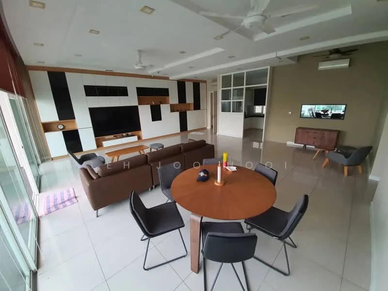 Living features: 3-seater brown leather sofa, 2-seater grey fabric sofa, round dining table, 4 black dining chairs, wall-mounted TV, TV console with storage, built-in shelving unit, white painted walls, recessed downlights, sliding glass door, large windows, grey tiled flooring, ceiling fan; style: modern; view: garden.