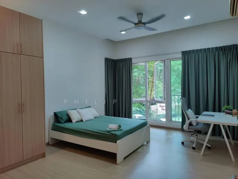 Bedroom features: queen-size bed with green bedding, two white pillows, wooden wardrobe with sliding doors, study desk with chair, floor-to-ceiling windows, green curtains, ceiling fan, laminate flooring, decorative plant on desk, natural light from windows; style: modern; view: garden.