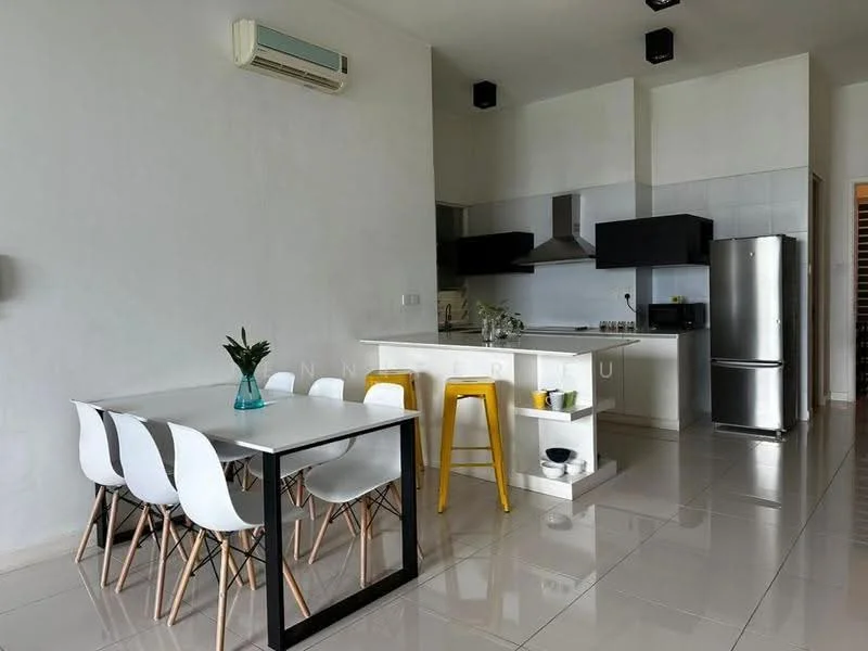 Kitchen features: white painted walls, glossy tile flooring, stainless-steel fridge, built-in oven, 4-burner gas hob, stainless-steel range hood, white cabinetry, kitchen island with seating, pendant lighting, wall-mounted split AC, dining table with white chairs; style: modern.