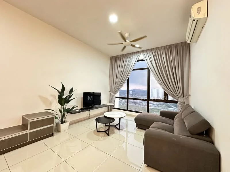 Living features: 5-blade ceiling fan with light, wall-mounted TV, grey L-shape sectional sofa, round coffee table, large floor-to-ceiling windows, sheer curtains, cream painted walls, glossy tile flooring, indoor plant in ceramic pot, air conditioning unit; style: modern; view: city.