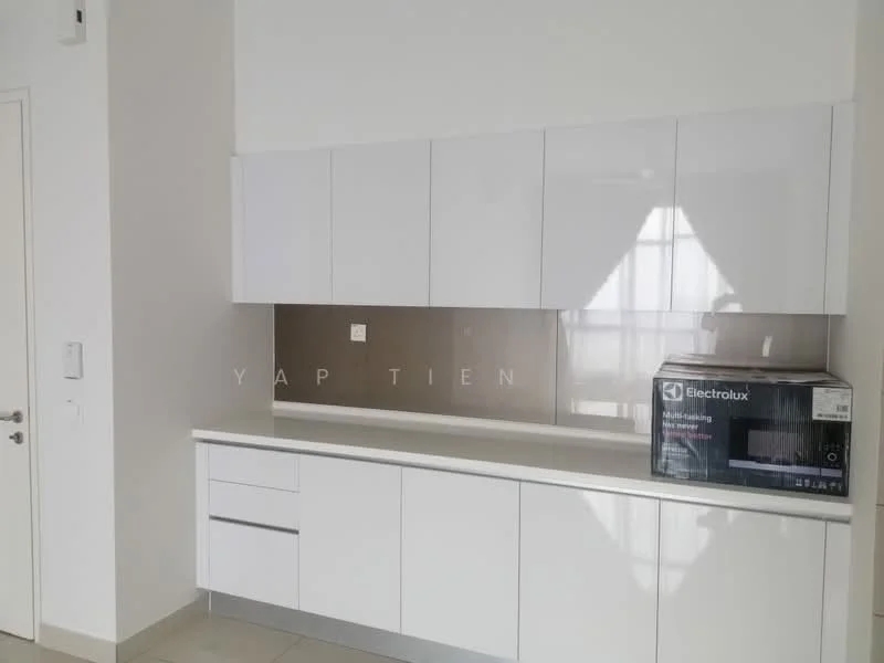 Kitchen features: white glossy cabinetry, flat-panel cabinet doors, white countertop, built-in microwave, grey backsplash, under-cabinet lighting, neutral tile flooring, single-basin sink; style: modern.