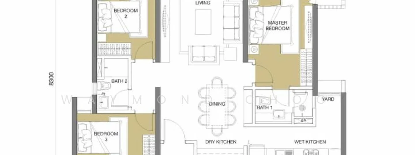 Floor plan: 3-bedroom 2-bathroom unit; features: open-plan kitchen-dining-living, master bedroom with ensuite bathroom, bedroom 2 with shared bathroom, utility room, wet kitchen, dry kitchen, yard area, central foyer.