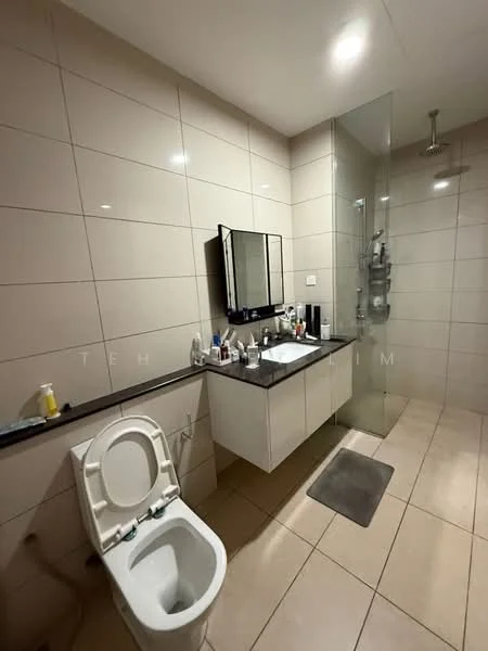 Bathroom features: white tiled walls, beige tiled flooring, single-sink vanity with grey countertop, framed mirror, glass shower enclosure, rain shower head, toilet, wall-mounted faucet, shower wall with tile cladding, towel rack, bath mat; style: modern.