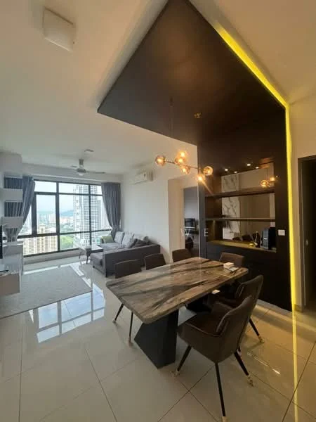 Living features: floor-to-ceiling windows, grey fabric sofa, marble dining table, black dining chairs, recessed downlights, chandelier with multiple bulbs, white walls, light-colored flooring, decorative wall paneling, curtains, open layout, city view; style: modern; view: city.