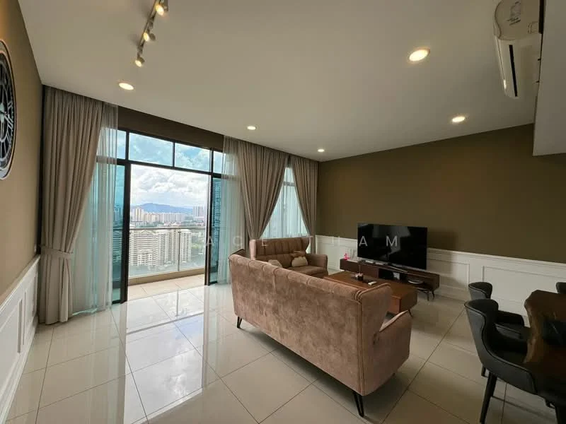 Living features: floor-to-ceiling windows, city view, beige fabric 3-seater sofa, wooden coffee table, wall-mounted TV, white panelled walls, marble tile flooring, recessed LED downlights, air conditioning unit, decorative wall clock; style: modern; view: city.