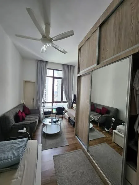 Living features: 3-seater fabric sofa in grey, 2 accent pillows in red, glass coffee table, wooden TV console, wall-mounted TV, floor-to-ceiling window, sheer curtains, ceiling fan with 5 blades, wooden flooring, built-in wardrobe with mirrored doors, area rug, decorative wall art; style: modern; view: city.
