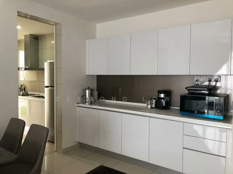 Kitchen features: white flat-panel cabinets, grey backsplash, stainless-steel refrigerator, built-in oven, freestanding microwave, coffee machine, toaster, countertop with integrated sink, ceramic tile flooring, recessed downlights; style: modern.