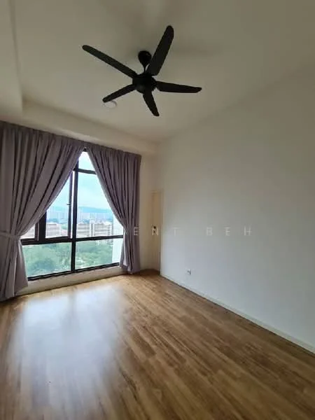 Room features: wooden flooring, white painted walls, 5-blade ceiling fan, floor-to-ceiling windows, curtains, city view; style: modern; view: city.
