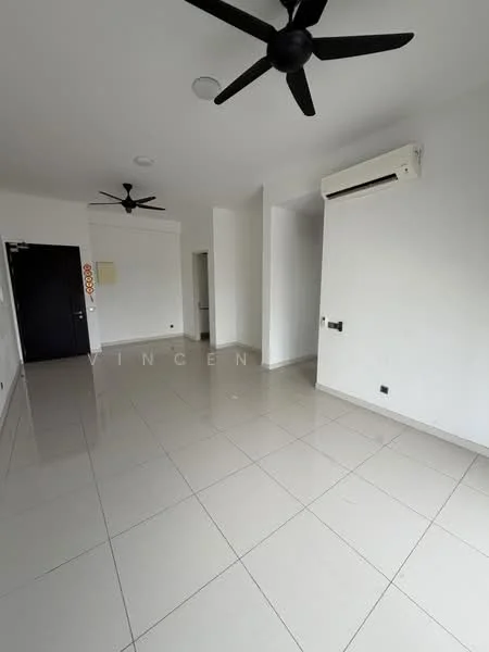 Room features: white painted walls, glossy ceramic tile flooring, 2 ceiling fans, 1 wall-mounted split AC, recessed downlights, door to hallway, door to another room; style: modern.