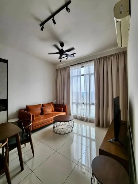 Living features: brown leather sofa, round coffee table with metal base, wall-mounted TV, floor-to-ceiling windows, sheer curtains, recessed downlights, 5-blade ceiling fan, white painted walls, glossy tile flooring, air conditioning unit; style: modern; view: city.