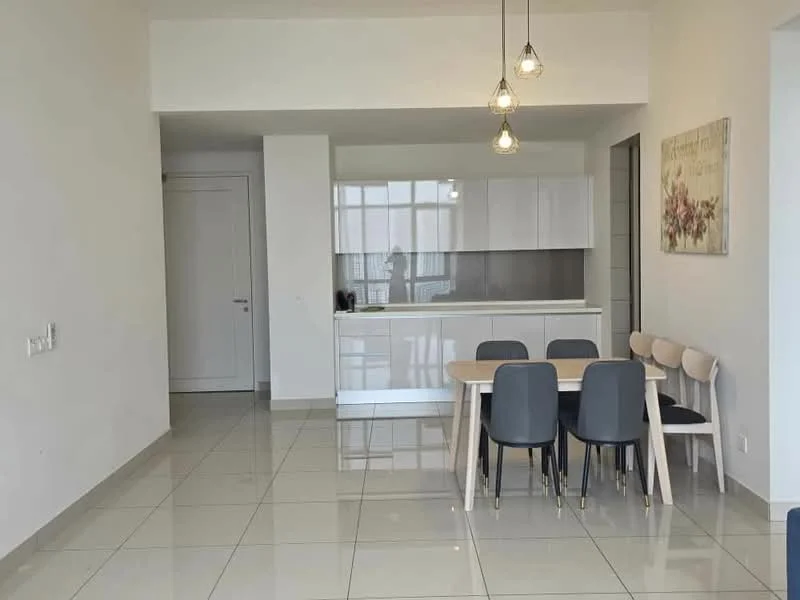 Dining features: white glossy cabinetry, grey tiled flooring, 4-seater dining table, black upholstered dining chairs, pendant lighting fixtures, large window with city view, neutral painted walls, open layout to kitchen; style: modern; view: city. Room features: white painted walls, grey tiled flooring, doorway leading to hallway.