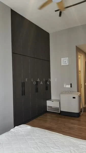 Bedroom features: dark wood cabinetry, queen-size bed, wooden flooring, ceiling fan, wall clock, neutral grey walls, built-in wardrobe, small bedside table, air conditioning unit; style: modern.