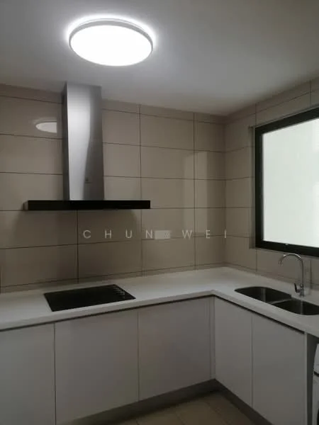 Kitchen features: white cabinetry, grey tiled walls, white countertop, stainless-steel range hood, built-in cooktop, single-bowl stainless-steel sink, chrome pull-down faucet, recessed ceiling light; style: modern.