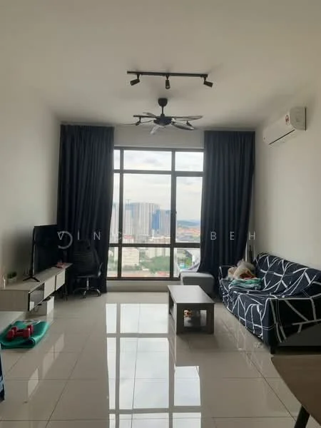 Living features: 5-blade ceiling fan with light, floor-to-ceiling windows, blackout curtains, white walls, glossy tile flooring, sofa with geometric pattern, coffee table, TV console, wall-mounted TV, decorative items on console; style: modern; view: city.