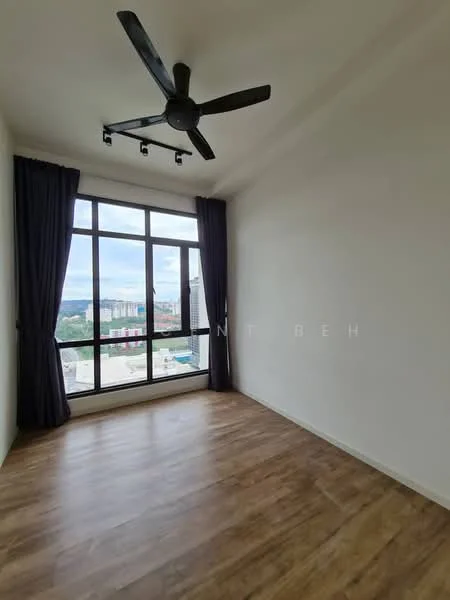 Room features: large floor-to-ceiling windows, blackout curtains, 5-blade ceiling fan, light wood laminate flooring, white painted walls, recessed downlights, city view; style: modern; view: city.