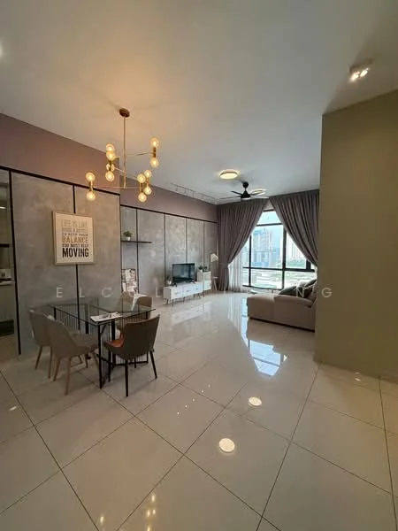 Living features: white painted walls, grey accent wall, polished tile flooring, 5-blade ceiling fan with light, chandelier, floor-to-ceiling windows, sheer curtains, sofa in light grey, coffee table, TV console, dining table for 4, upholstered dining chairs, decorative wall art, area rug; style: modern; view: city.