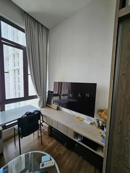 Living features: large flat-screen TV, wooden TV console, glass coffee table, black dining chair, curtains, wooden flooring, wall-mounted shelf, decorative vase with dried flowers, window with view, light-colored walls; style: modern; view: city.