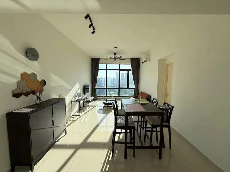 Dining features: dining table with four chairs, black wooden dining chairs, black sideboard cabinet, floor-to-ceiling windows, city view, light-colored walls, polished tile flooring, ceiling fan, recessed downlights, decorative wall clock, hexagonal wall decor, curtains, TV console, wall-mounted TV; style: modern; view: city.