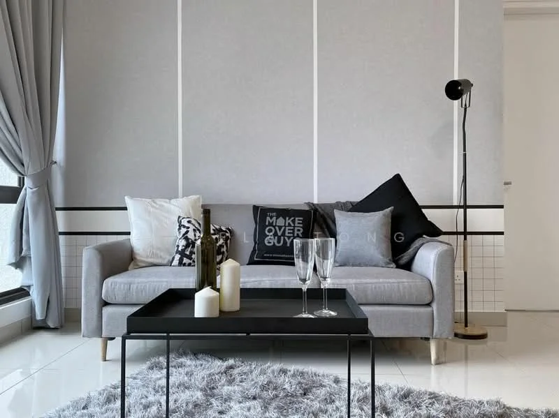 Living features: grey fabric sofa, black throw pillows, white throw pillows, black coffee table, decorative candles, wine glasses, light grey walls, white ceiling, floor-to-ceiling windows, sheer curtains, area rug with fluffy texture, laminate flooring; style: modern.