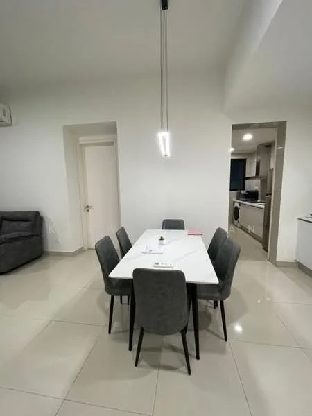 Dining features: white dining table, 6 upholstered dining chairs in grey, pendant light fixture, cream painted walls, tile flooring, open layout to kitchen, wall-mounted air conditioning unit, doorway leading to hallway; style: modern. Living features: 3-seater fabric sofa in grey, neutral wall color, open layout to dining area; style: modern. Kitchen features: built-in cabinetry, countertop, appliances visible in background; style: modern.
