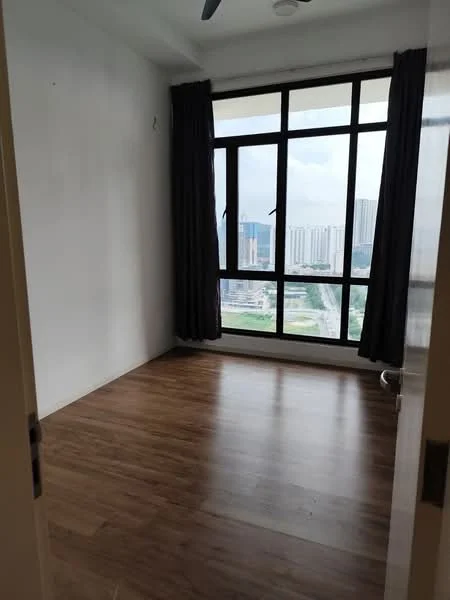 Room features: wooden flooring, white painted walls, floor-to-ceiling windows, blackout curtains, ceiling fan, city view; style: modern; view: city.