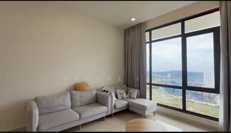 Living features: grey fabric 3-seater sofa, light grey armchair, round wooden coffee table, floor-to-ceiling windows, curtains in light grey, decorative cushions, city view, light-colored walls, laminate flooring; style: modern; view: city.